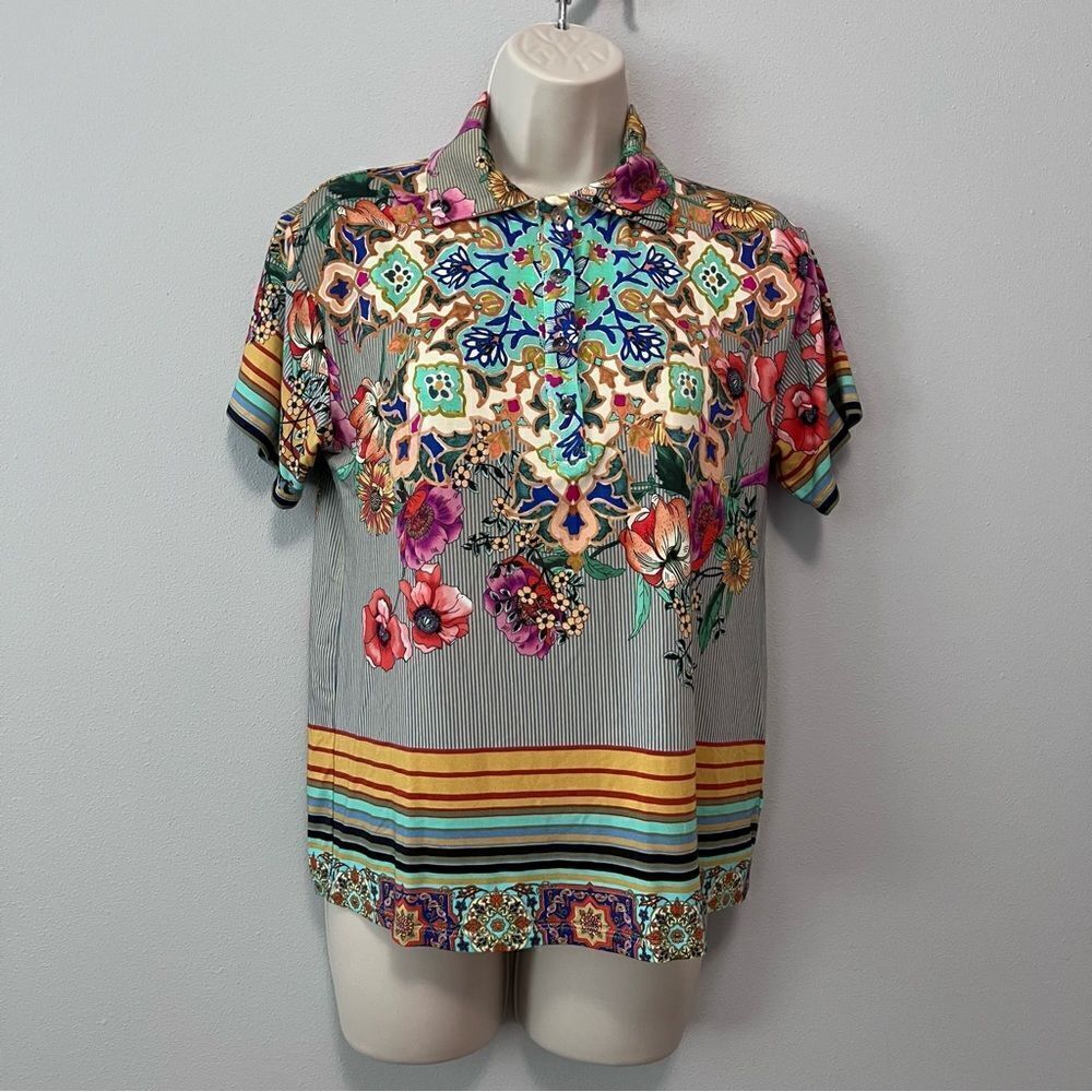 Johnny Was Hunter Floral Polo Tee Size XXS